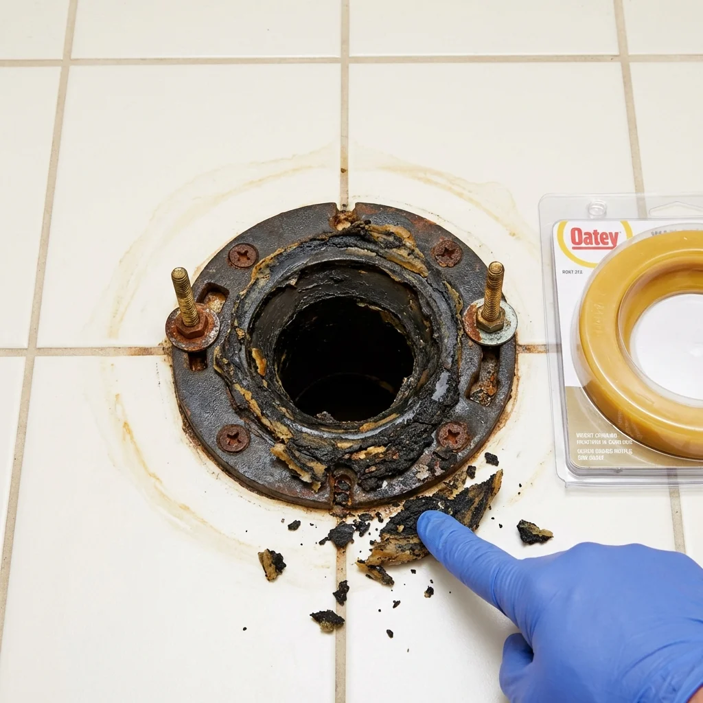 Failed wax ring showing water seepage at the base of a toilet in a Jackson, MO home