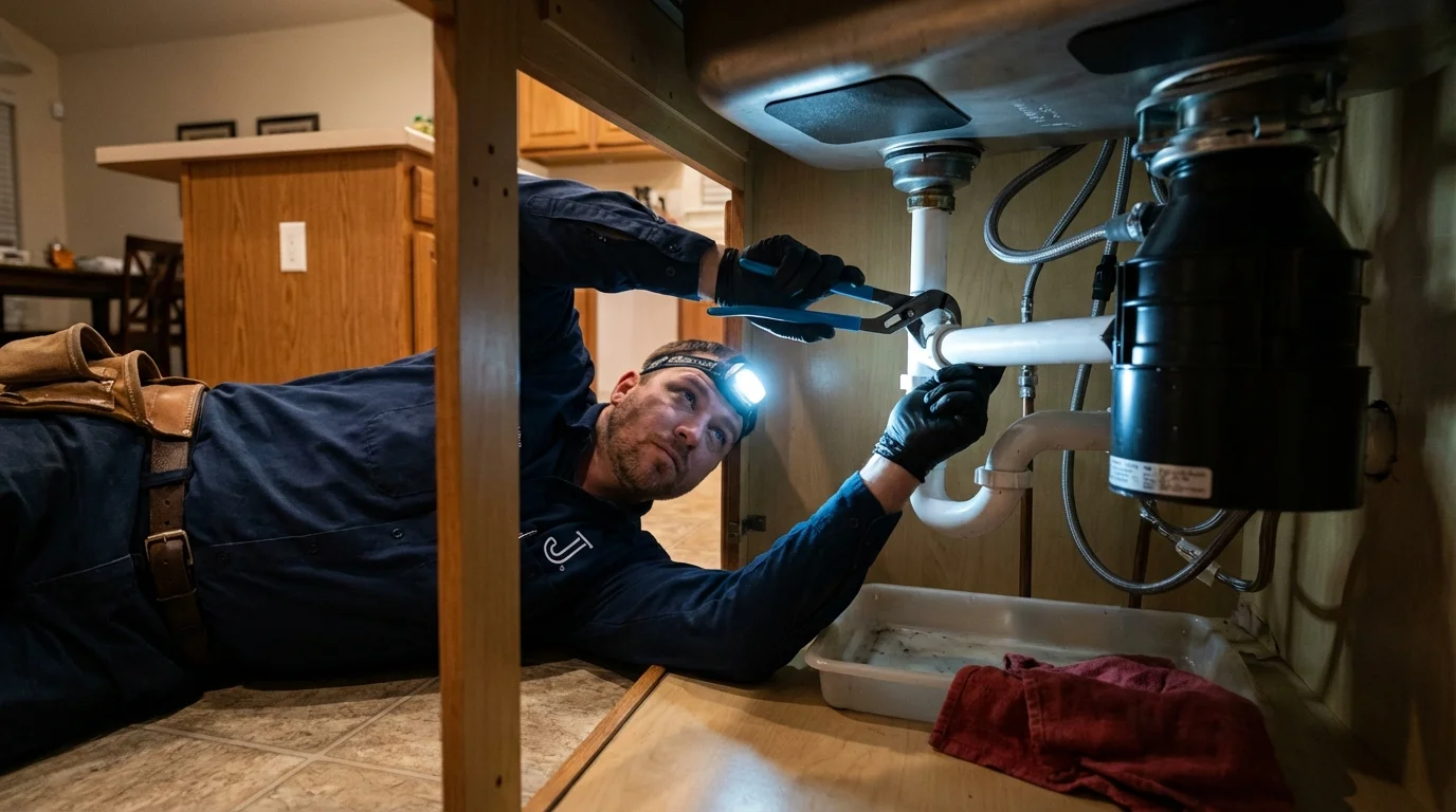 P-trap and supply line connections under a kitchen sink showing a common leak point in Jackson, MO